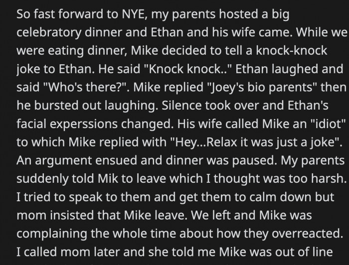 During their New Year's Eve dinner, Mike made a joke