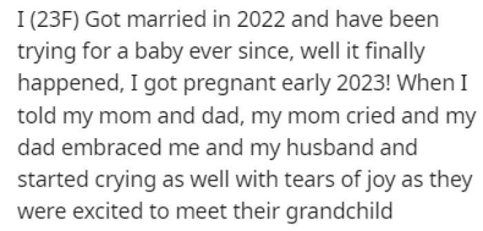 OP and her husband have been trying for a baby ever since they got married, and she finally got pregnant recently