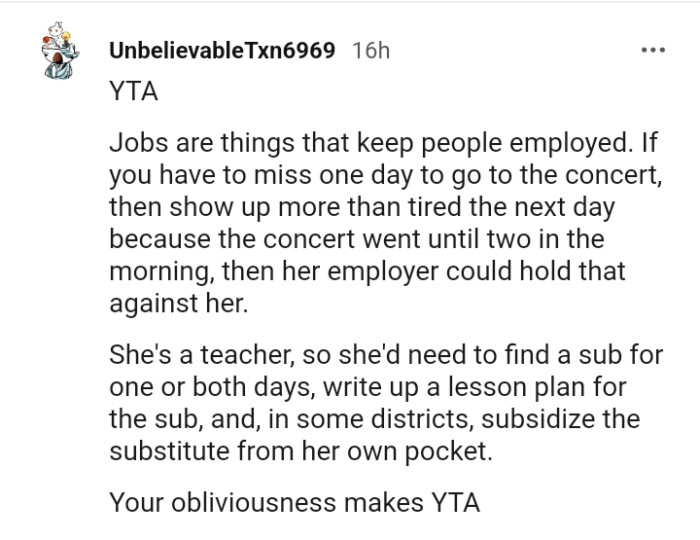 She'd need to find a sub for one or both days