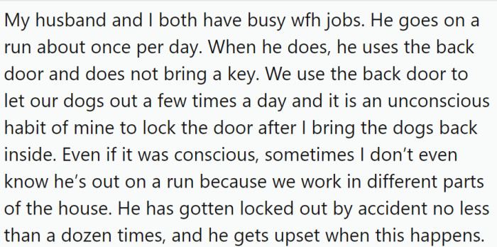 OP and her husband both have busy work-from-home jobs, and her husband goes for a daily run to stay active