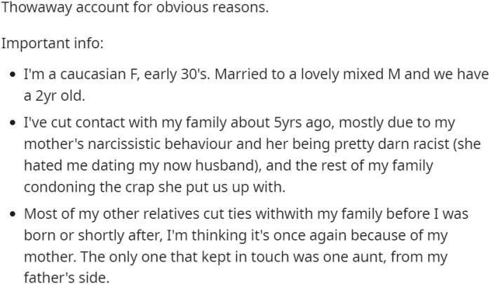 OP has cut contact with her family due to her mother's narcissistic behavior and racism