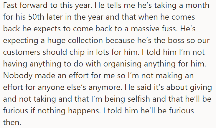 The boss's 50th birthday is coming up, and he told the OP he expects her to organize a big fuss since he's a boss:
