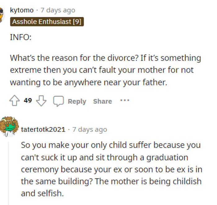 Some people were asking questions because they felt that it could go the other way, but ultimately, the mom is being selfish to miss an event like that simply because of her divorce.