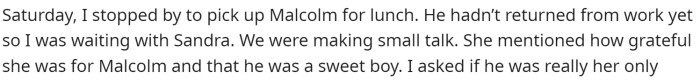 This is where she begins talking to the mother and starts to get into a bit of a heated conversation.