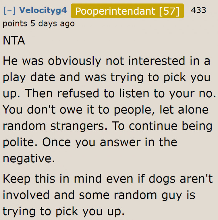 Most Redditors agree that the dog is the guy's excuse to hit on her.