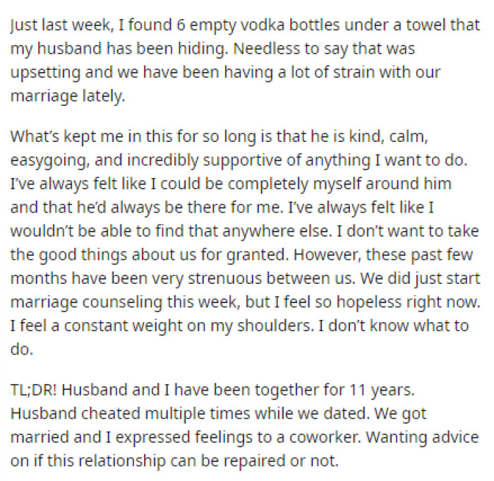 This is when she starts talking about things happening more recently and showing that there is strain on their marriage and how she feels about him.