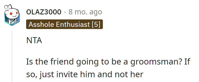 This One Suggests Skipping the Drama by Inviting Only the Friend If They're a Groomsman, Giving a Straightforward 