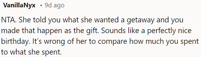 OP fulfilled her desire for a getaway as a gift, which sounds like a lovely birthday gesture.