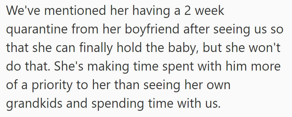 MIL prioritizes time with her boyfriend over seeing her grandkids, refusing quarantine suggestions to hold the newborn.