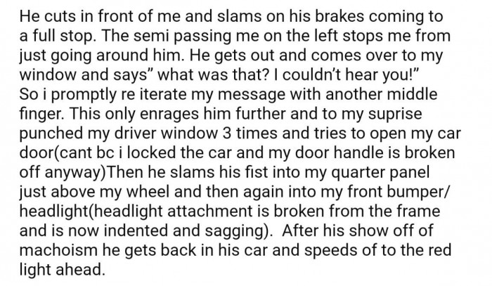 In a wild twist, the driver cut off OP, slammed on their brakes, and attacked OP's car
