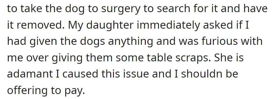 Daughter blames mother for dog's surgery after giving table scraps. Accusations fly, and tensions rise over who should pay for treatment.