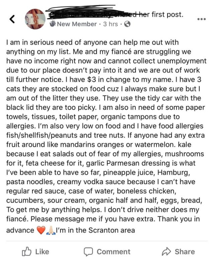 Here's the original post written by the woman, and you can see here exactly what she was looking for and asking for.