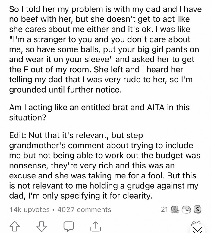 OP clarified that she had nothing against her step grandmother.