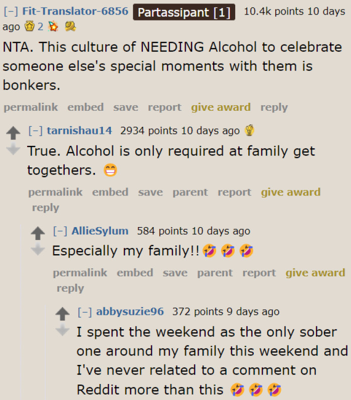 The community took the OP's side, with some believing that alcohol is only typical during family get-togethers.