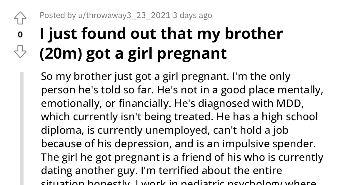 20-Year-Old Suffering From Major Depressive Disorder Gets A Girl Pregnant, Sister Seeks Advice Online As She's Worried For Him