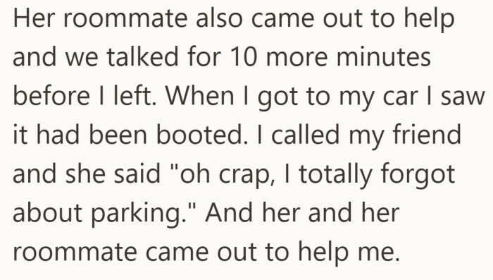 The visit stretches longer than planned, and the forgotten parking rule finally comes into view.