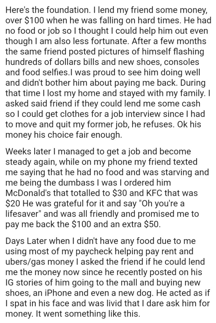 OP's friend posted pictures of himself flashing hundreds of dollar bills, new shoes, consoles, and food selfies