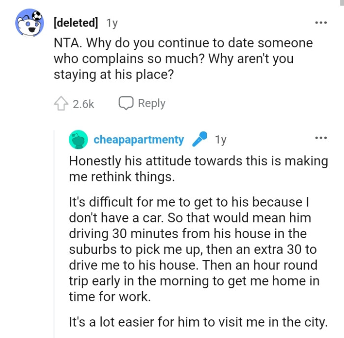 This Redditor wants to know why the OP isn't staying at his place