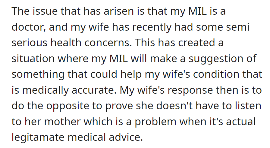 Facing health concerns, the wife rejects her doctor mother's advice to assert independence, creating challenges in addressing her medical needs.