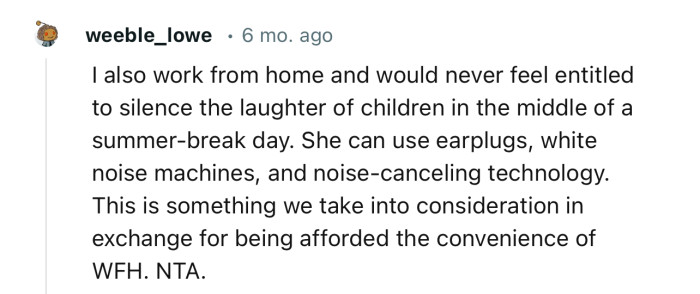 “I also work from home and would never feel entitled to silence the laughter of children in the middle of a summer-break day.”