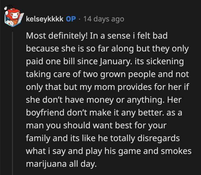 OP is working her ass off to support two adults who are more concerned about their vices than feeding their children