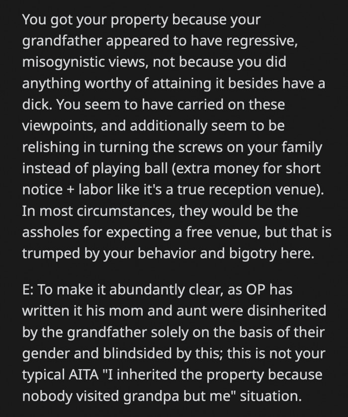 OP doesn't want to admit that he got the farm solely because he is a man, not for anything else.