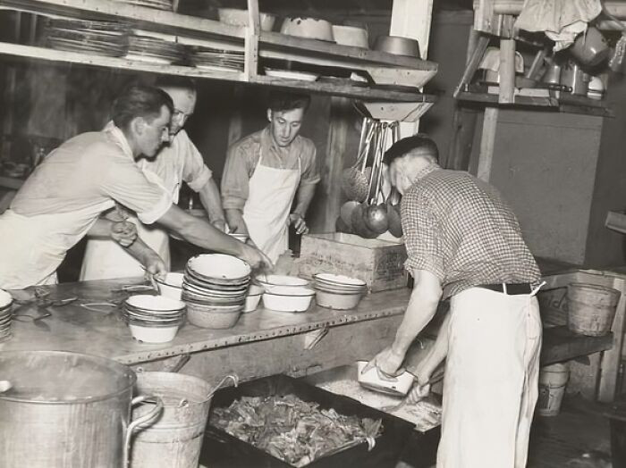 Dishing Out And Serving Food In Logging Camp Near Effie, Minnesota, 1937