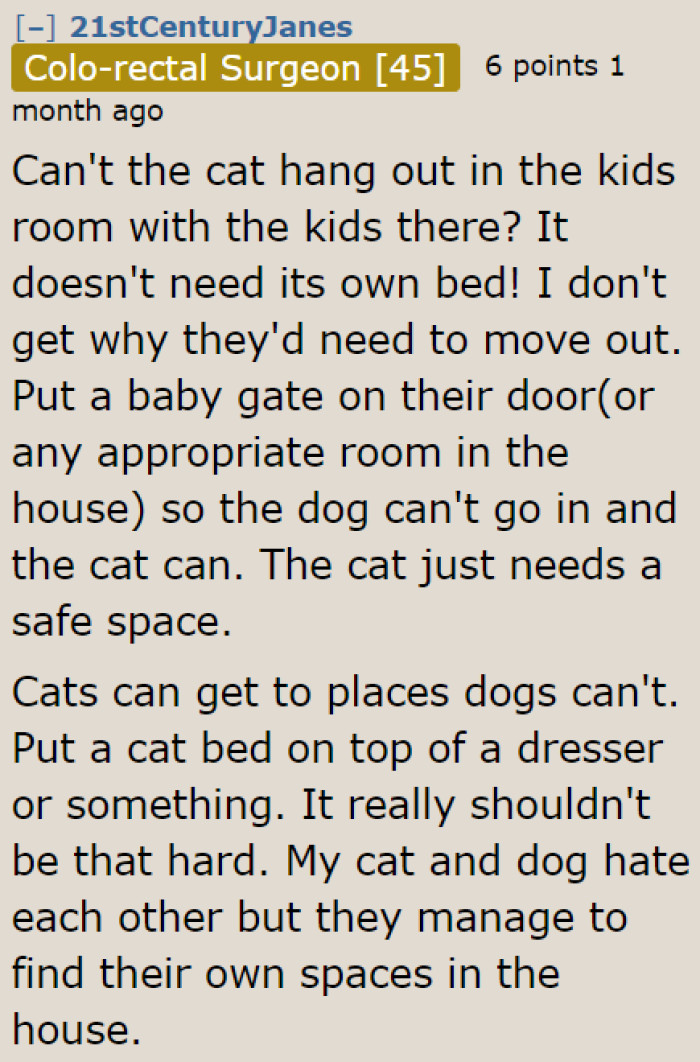 The husband only needs to look for a safe space for the cat. An entire room isn't necessary.