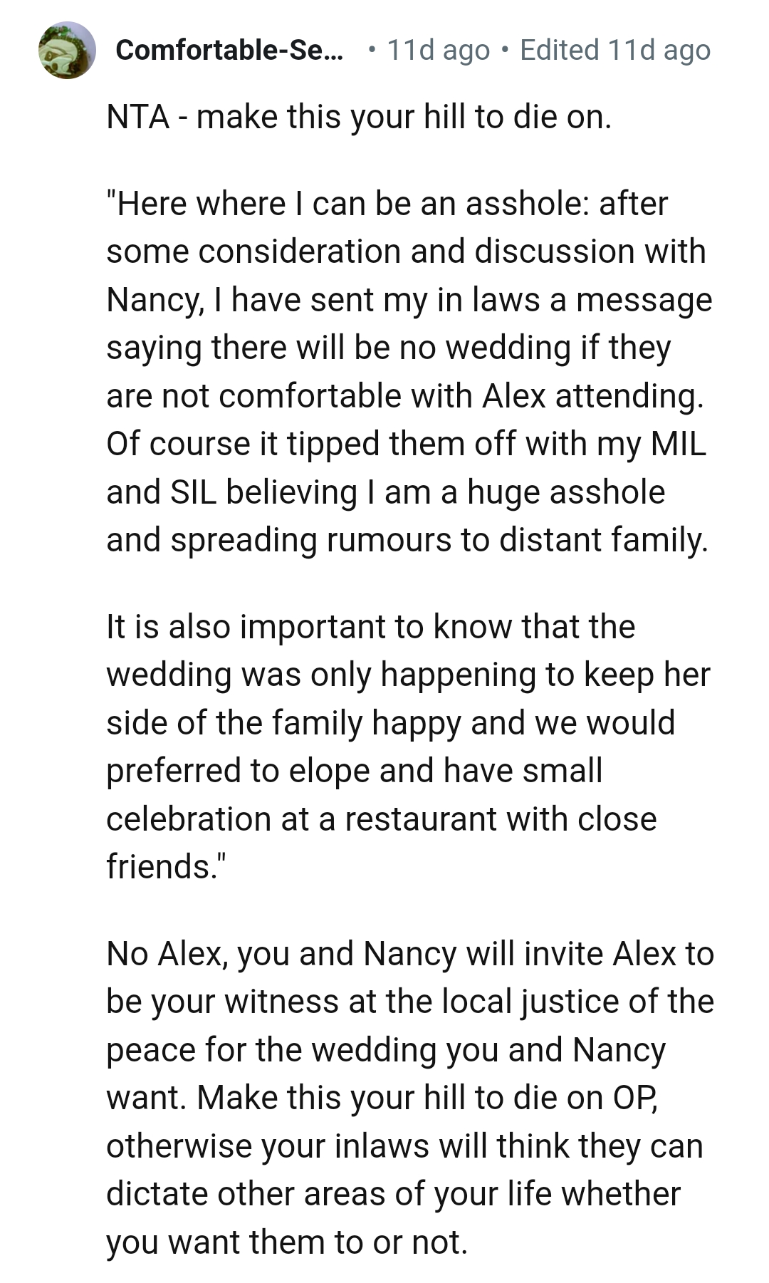 The wedding is only happening to keep the in-laws happy