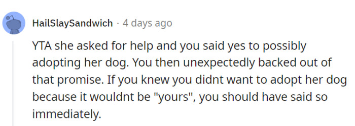 OP may be TA for initially agreeing to adopt their sister's dog and then backing out unexpectedly.