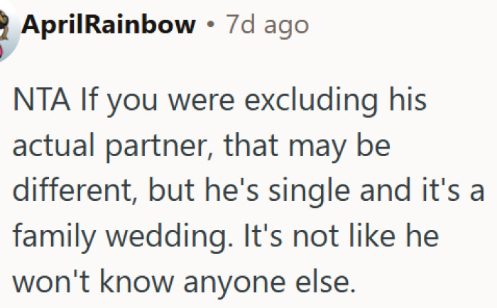 Excluding a single person from a family wedding is not wrong
