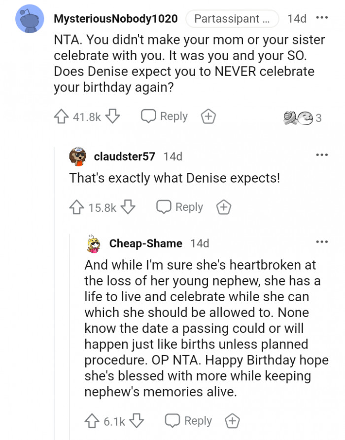 'Does Denise expect you to NEVER celebrate your birthday again?'