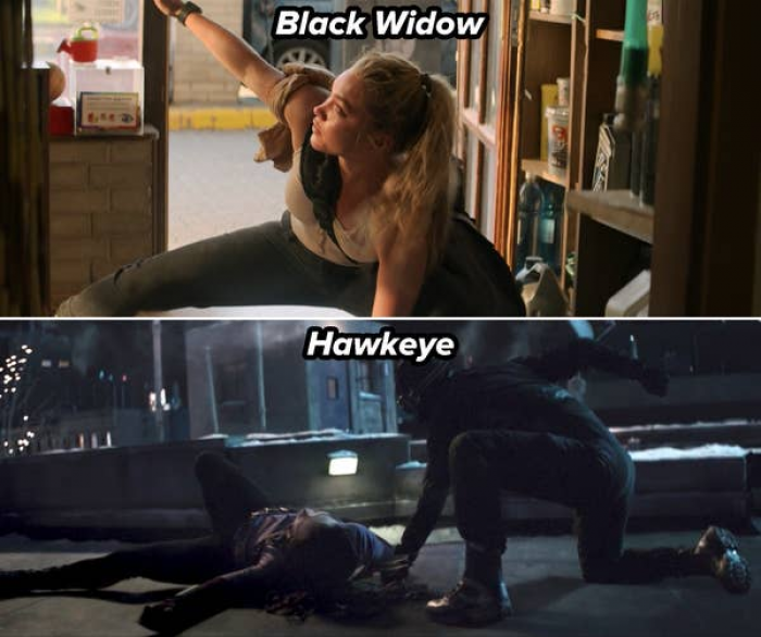 13. In 'Hawkeye' Yelena lands on the roof in a pose similar to the one she made fun of in 'Black Widow'