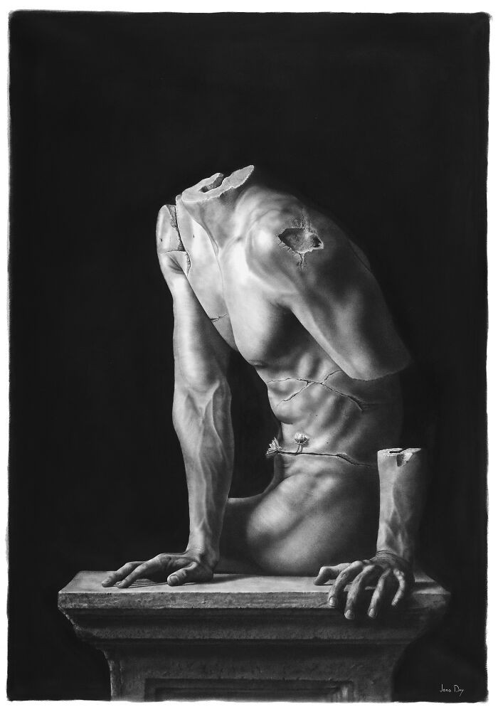 Solitude pencil drawing, solitary figure rendered with calm realism, shifting perspective