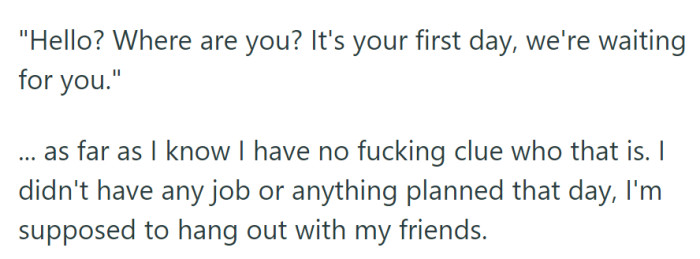 OP received a puzzling call about a job they didn't have, while they had plans to hang out with friends, leaving them baffled.