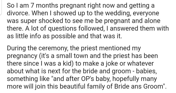 OP showed up at her brother's wedding with a big baby bump and caught the attention of everyone