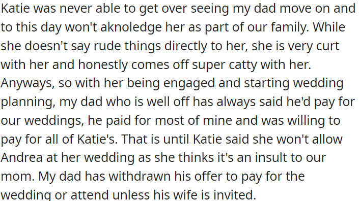OP's sister harbors resentment towards their dad's new wife and demanded that her dad's wife not be invited to her wedding, prompting OP's dad to retract his offer to fund the wedding or attend unless his wife is included.