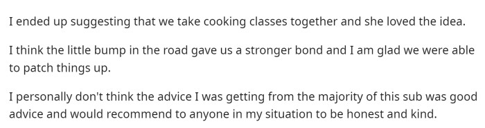 She said that it went well, and she told her MIL that she would expect the same type of honesty in return.