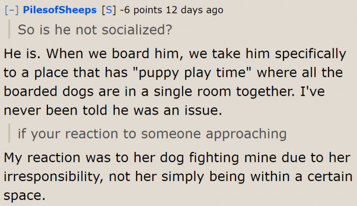 The lady just let her dog approach the OP's dog; that's why he cursed at her.