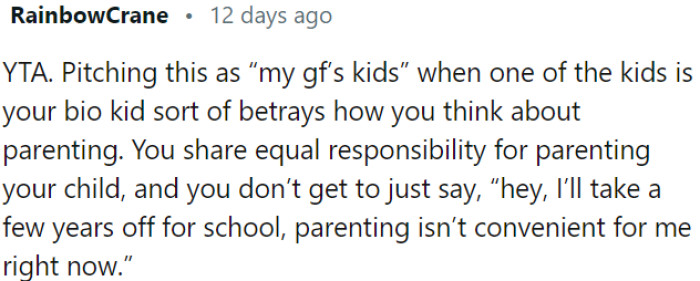 Equal responsibility and commitment are expected in co-parenting situations.