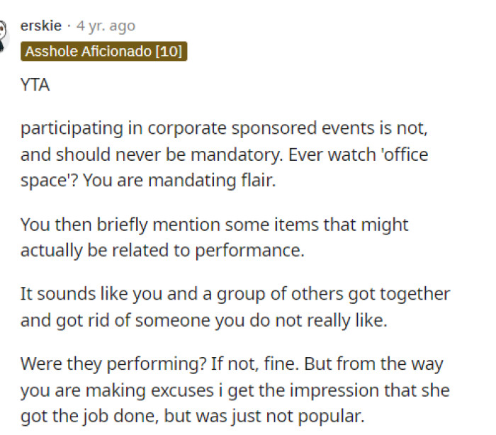 We have to agree with everyone in the comments because they definitely don't have the right to fire someone for not attending an optional event.