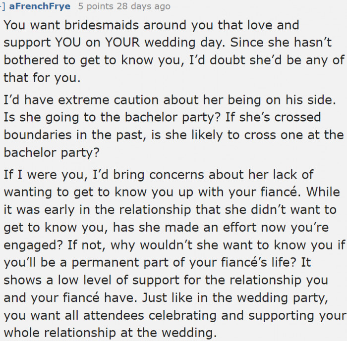 This woman must not be present at the fiancé's bachelor party.