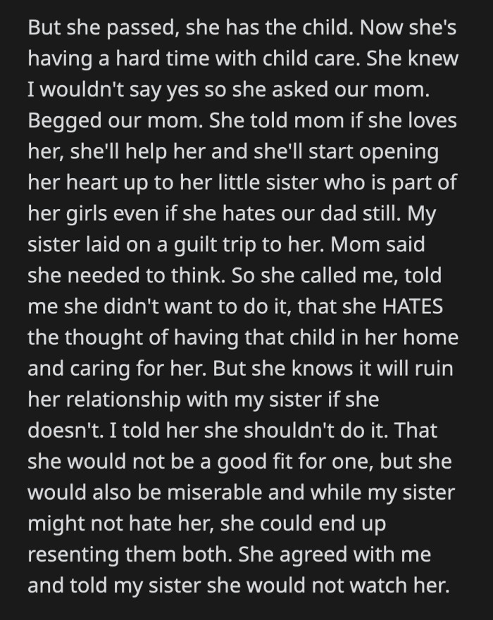 That's when OP got the call from their mom, who admitted to hating the idea of raising a child her late husband had with his mistress.