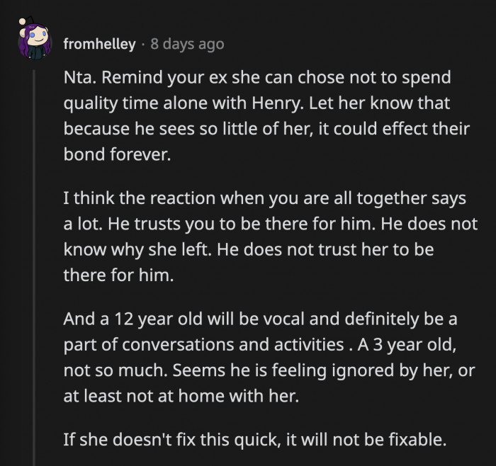 OP's ex has to remember that she has a child of her own she needs to focus on before moving to another family, or she will lose Henry a lot sooner than she thinks.
