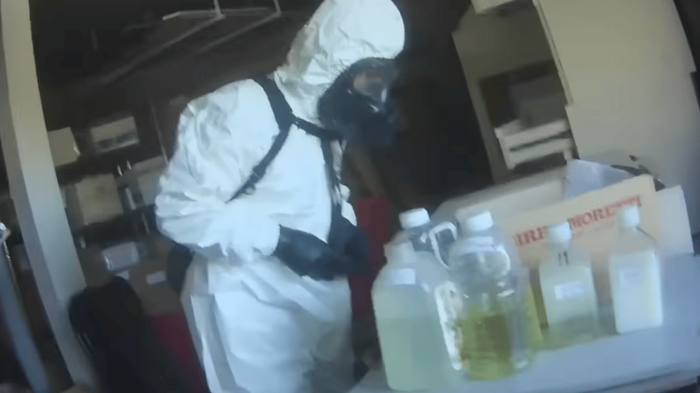 Las Vegas law enforcement scene outside an alleged illegal biological laboratory entrance