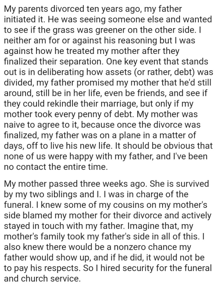 Once the divorce was finalized, OP's father was on a plane in a matter of days