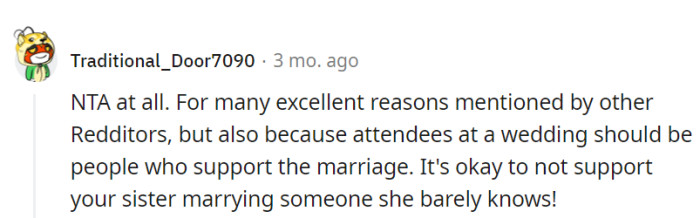 At a wedding, guests are either supporters or extras, and she's chosen to be an extra because she's not sold on the plot!