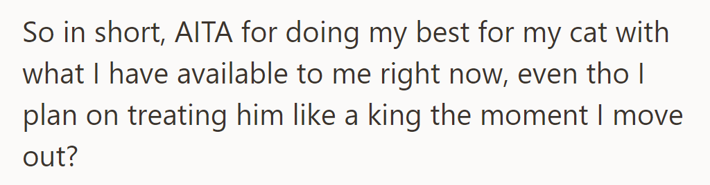He's asking if he's wrong for doing his best for Nibbles now, while planning better care later.