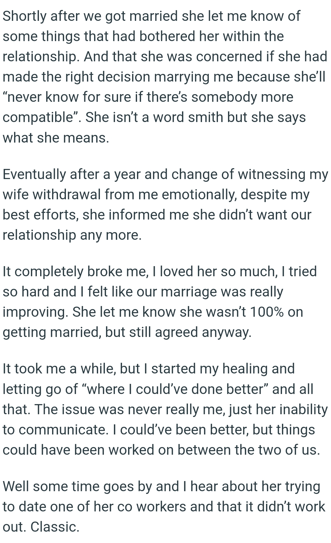 OP's wife was concerned if she had made the right decision marrying him