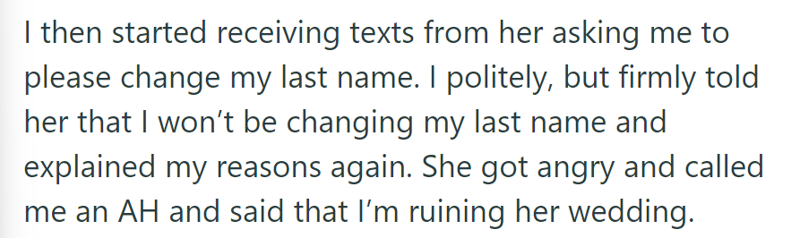 She Refused a Name Change Request via Text, Causing Anger and Accusations of Wedding Disruption.